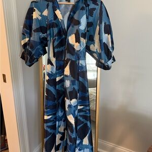 Donna Karan Blue and Cream Long Sleeve Dress